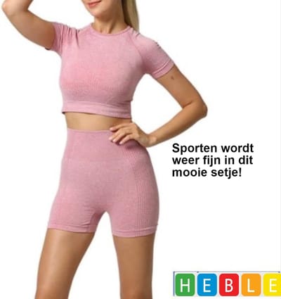 *** Leuke Sport-Outfit Maat L - High Waist Korte Broek - Croptop met Korte Mouw - Naadloos - Squatproof - van Heble® ***
