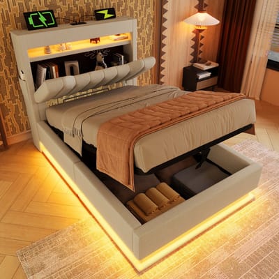 DESMIU Gestoffeerd Bed 90x200cm – Bed Met Ledverlichting En Oplaadfunctie – Hydraulische Opbergruimte – Voor Slaapkamer – Linnen – Beige – Zonder Matras