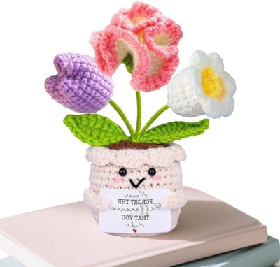 Gehaakte bloemenboeket - Gebreid arrangement - Waardering tonen - Handgemaakt met kaart - 14 x 6 x 6 cm - Multicolor