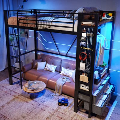 Hoogslaper 90 x 200 cm - met droogstang - met planken - 4 lades - met USB-aansluiting - LED-lichtstrip - zonder matras - zwart