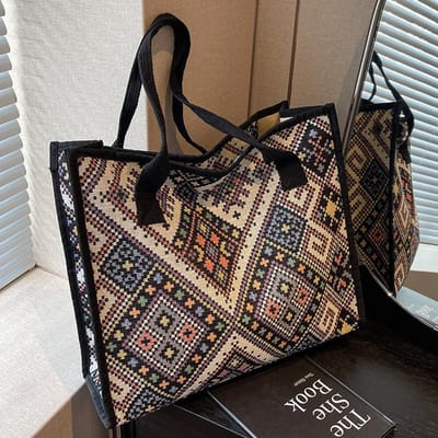 Etnische canvas tas met grote capaciteit voor dames in herfst- en wintermode, mama-tas voor studenten in de klas, schoudertas gray