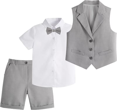 Cocoplus -- 4-delige kindervest pak - jongens - bruiloft - party - shorts - set - pagina boy outfit - shirt - vlinderdas - shorts - vest - 2-12 jaar - Grijs - 3-4 jaar