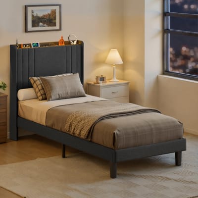 Xbro Gestoffeerd Bed 90 x 200 cm – met LED-Verlichting & USB/Type-C Oplaadpoort – Eenpersoonsbed met Hoofdbord en Lattenbodem – Grijs