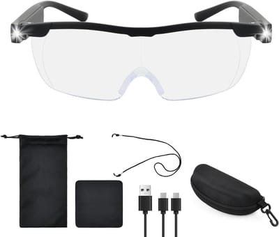 Handsfree Leesloep met Licht, Oogvriendelijke Vergrootglazen voor Senioren, Hobbies en Ambachten, Oplaadbaar en Inclusief Brilhoes