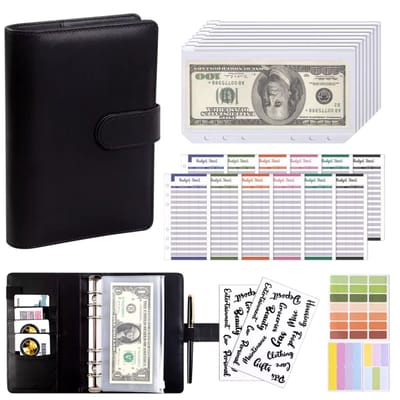 A6 Budget Planner & Spaarplanner / Budgetmap Planner 6-Gaats 8 Ritssluitingen Enveloppen 2 Stickers Eén Notitieboek Portemonnee voor Geld Besparen en Geldbeheer Organizer Cash Systeem - Zwart