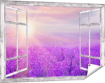 Gards Tuinposter Doorkijk Bloemenveld met Paarse Lavendel - 120x80 cm - Tuindoek - Tuindecoratie - Wanddecoratie buiten - Tuinschilderij