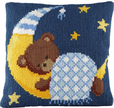 Pako borduurpakket kruissteek kussen - beer blauw op de maan - geprint stramien- 003.272- DIY kit