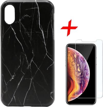 Marmer Hoesje geschikt voor Apple iPhone Xs Max Siliconen TPU Soft Gel Case Zwart + Tempered Glass Screenprotector van iCall