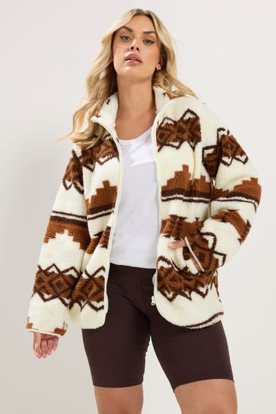 Yours Chocoladebruine Fairisle Borg Fleece Jas Size 42
