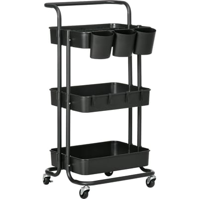 HOMCOM 3-laags trolley met wielen, opbergplank met 4 haken en 3 uitneembare hangboxen voor badkamer, keuken, bureau 42x38 x cm - Zwart