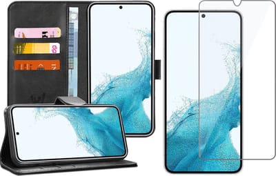 Hoesje geschikt voor Samsung Galaxy S22 - Book Case Kunstleer Wallet Cover Portemonnee Pasjeshouder Hoes Zwart - Tempered Glass Screenprotector