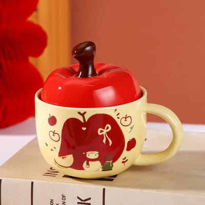Tasse en Céramique Mignonne Pomme pour Filles Souvenir Tasse à Café Tasse à Eau Mug Créatif Personnalisé avec Couvercle 360ml red