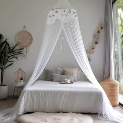 Famanu - Witte klamboe voor eenpersoonsbed hangende luifel voor meisjes met ronde kant voor ponsvrije installatie, ideaal voor slaapkamer decoratief