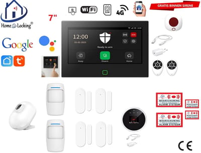 Draadloos / bedraad alarmsysteem met 7-inch touchscreen voor woning/camper/boot/caravan werkt met wifi en sim kaart en met spraakgestuurde apps. (Nederlands of Frans stem en tekst). ST01B-59