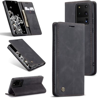 Premium Leren Flip Case voor Samsung Galaxy S20 Ultra, Vintage Nubuck, Beschermend met Kaartvak en Vouwfunctie, Zwart