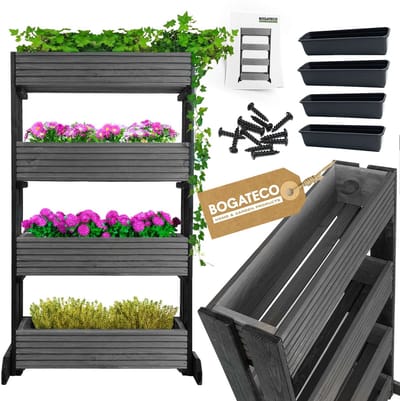 BOGATECO | Set van 4 bloempotten op standaard | Set van 4 bloempot plantenbakken 64x20cm | Houten bloempotten voor tomaten en bloemen, plantenbak voor tuinbalkon | 120cm hoog | Zwart