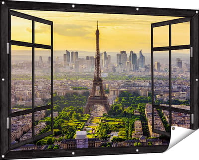Gards Tuinposter Doorkijk Skyline van Parijs met de Eiffeltoren - 150x100 cm - Tuindoek - Tuindecoratie - Wanddecoratie buiten - Tuinschilderij