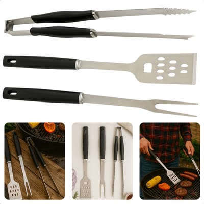 Cheqo® BBQ Gereedschap Set 3-Delig RVS – Barbecue Accessoires Vork Spatel Tang – Roestvrijstalen BBQ Tools – Grill Gereedschap – Barbecue Set – BBQ Essentials – Gereedschap voor Barbecue – RVS BBQ Kit – Barbecue Tools