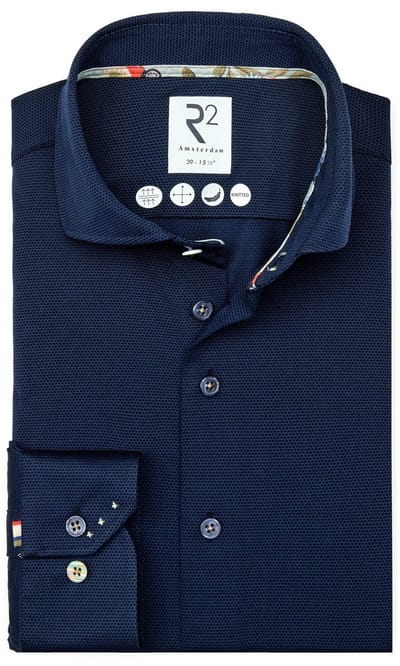 R2 Japanese Knitted Overhemd Korte Mouwen Donkerblauw (navy) - Maat 3XL - Heren - Overhemden Casual