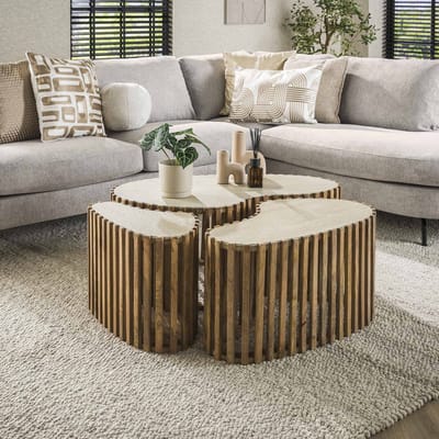 Dimehouse Vento niervormige salontafel set van 3 travertin massief mango zand - 90 x 52 x 40 cm - Keramiek - Japandi - Rond