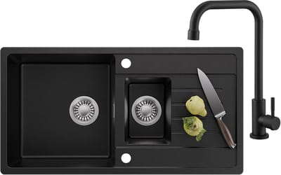 CECIPA MAX Spoelbak Keuken 86x45CM - 1.5 Granieten Spoelbakken Keuken Met Koudwaterkraan Keukenkraan - Primaire en Tweede Bak - Met Afdruiprek en Waterafvoersysteem - Zwart