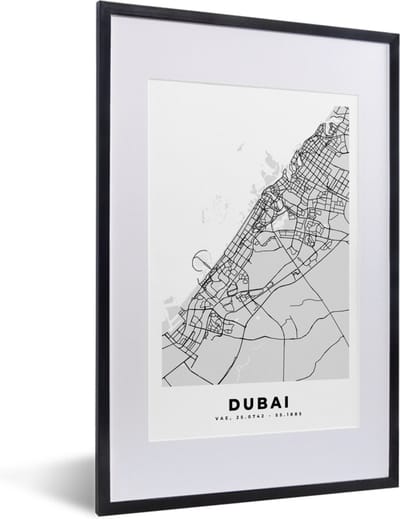 Fotolijst incl. Poster Zwart Wit- Dubai - Stadskaart - Plattegrond - Zwart Wit - Kaart - 40x60 cm - Posterlijst