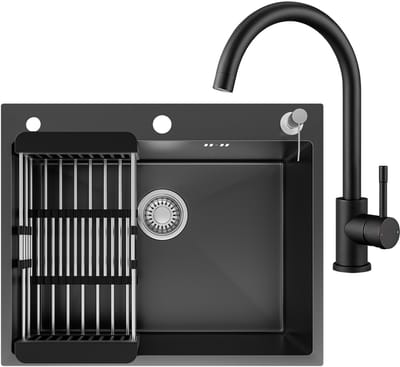 CECIPA max Spoelbak Antraciet 60x49CM - Spoelbakken Met Kraangat - Spoelbak Met Keukenkraan en Zeepdispenser - Verstelbaar Afdruiprek - Incl. Sifon en Waterafvoersysteem