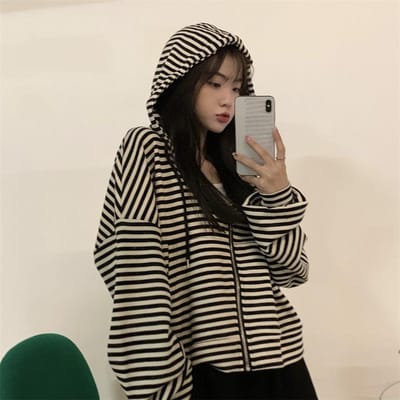 Capuchon Gestreept Lui Kort Jasje en Sweatshirt voor Vrouwen in de Herfst Koreaanse Stijl Studenten Oversized en Veelzijdig Lange Mouwen Praktisch Gebruik XL gray
