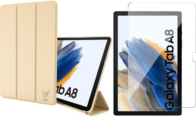 Hoes geschikt voor Samsung Galaxy Tab A8 2021 / 2022 - Trifold Smart Cover Book Case Kunstleer Tablet Hoesje Goud - Tempered Glass Screenprotector