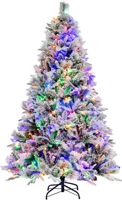COSTWAY Kunstkerstboom van 180 cm met verlichting, sneeuw en kegels, dennenboom met 8 lichtmodi, 850 PE-pvc-takuiteinden, kerstboom voor thuis, kantoor, wit