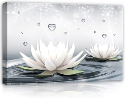 Canvas Schilderij - Waterlelies - Bloemen - Water - Planten - Hartje - Inclusief Frame - 60x40cm (lxb) - Wit