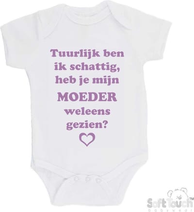100% katoenen Romper "Tuurlijk ben ik schattig, heb je mijn moeder weleens gezien?" Meisjes Katoen Wit/lila Maat 62/68