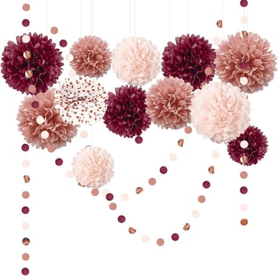 Feestdecoratie Set - Pom Poms Slingers - Feestelijke Aankleding - 15 Delige Set - Verschillende Maten - Bordeaux Rosé Goud
