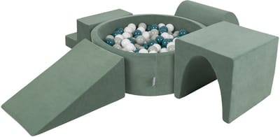 KiddyMoon spielplatz velvet aus schaumstoff mit samt rund bällebad (200 bälle) ballgruben für babys spielbad hindernisläufen, hergestellt in der eu, waldgrün: dunkeltürkis/grüngrau/weiß