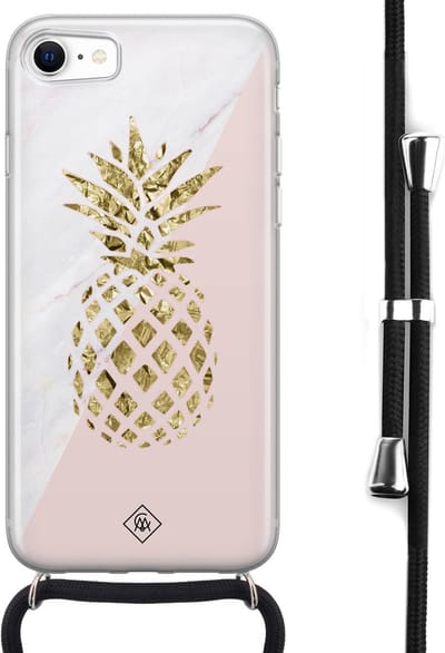 Casimoda® hoesje met koord - Geschikt voor iPhone SE (2020) - Ananas - Afneembaar koord - Siliconen/TPU - Roze