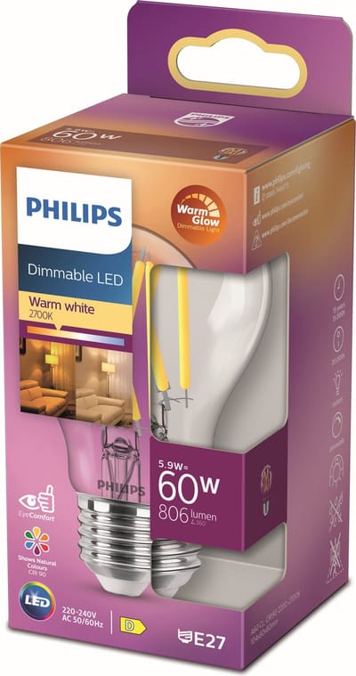 Philips Ledfilamentlamp Peertje Classic - D6cm - Dimbaar - Warm Wit - E27 - 5,9w