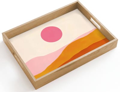 Dienblad hout 40x30 cm - Schootdienblad - Zon - Heuvels - Abstract - Roze - Borrelplank rechthoek - Plateau dienbladen