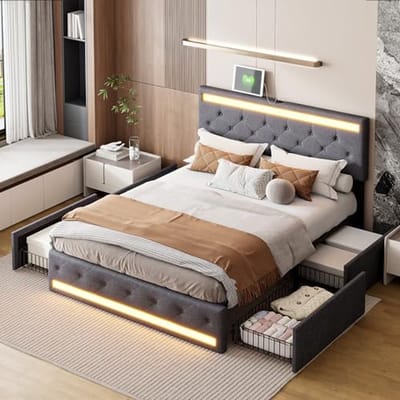 Tweedehands Bed 140 x 200 cm met Verstelbaar Hoofdeinde en USB Oplaadpoort, Tweepersoonsbed met Opberglades