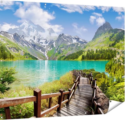 Gards Tuinposter Pad naar een Helder Blauw Meer in de Bergen - 150x120 cm - Tuindoek - Tuindecoratie - Wanddecoratie buiten - Tuinschilderij