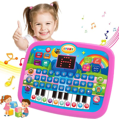Educatieve Tablet Speelgoed voor Kinderen, Leeftijd 3+, Leren Lezen, Schrijven, Rekenen, Muziek, Dubbele Functie als Elektronisch Keyboard, Verjaardag Kerstcadeau roze