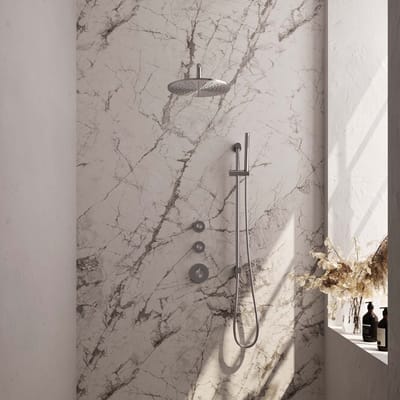 Brauer Brushed Edition thermostatische inbouw regendouche SET 16 met 30 cm douchekop en gebogen muurarm en staaf handdouche en doucheslang en geïntegreerde glijstang RVS geborsteld PVD