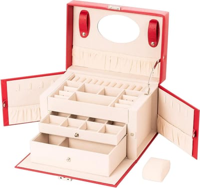 Sieradendoos met 2 laden en fluwelen voering - 26 x 18 x 18 cm rood
