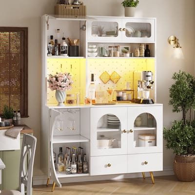 DESMIU Keukenkast - Hoge Opbergkast Met Led Verlichting En Stopcontacten - Met Lade En Glazen Planken Voor Keuken En Woonkamer - MDF En Glas - 120x40x176 Cm - Wit