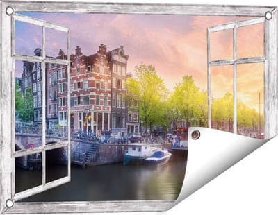 Gards Tuinposter Doorkijk Amsterdamse Grachten - 60x40 cm - Tuindoek - Tuindecoratie - Wanddecoratie buiten - Tuinschilderij