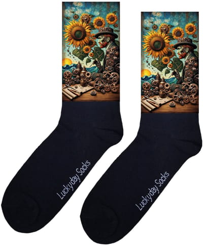 LuckyDay Socks - Kunstsokken van Gogh - Zonnebloemen - Steampunk sokken - Tandwielen print - Verjaardag cadeau - Kunst sokken - Vrolijke sokken - Schilderij sokken - Grappige sokken - Leuke dames en heren sokken - Moederdag - Vaderdag - Onesize