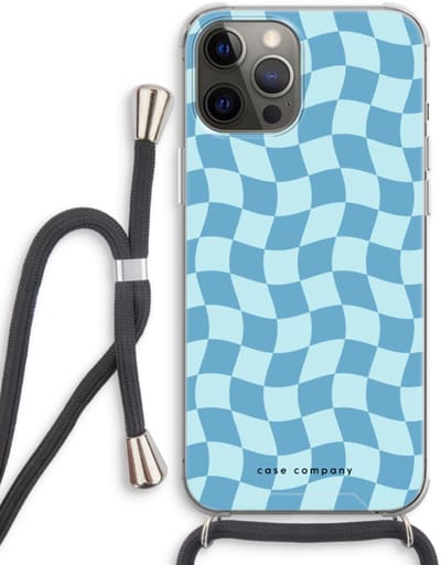 Case Company® - Hoesje met koord geschikt voor iPhone 12 Pro hoesje met Koord - Grid Blauw - Telefoonhoesje met Zwart Koord - Bescherming aan alle Kanten en Over de Schermrand