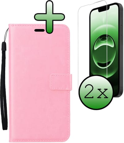 Hoesje Met 2x Screenprotector - Geschikt voor Apple iPhone 16e - Luxe Pasjeshouder - Bookcase Portemonee - Flip Case - Kunstleer Book Case - Flipcase Hoes - Book Cover - Walletcase - Portemonneehoes - Lichtroze
