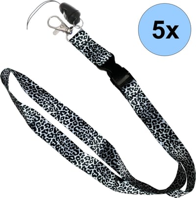 5 Keycords Luipaard Zwart Print - Keycord - Lanyard - Sleutelkoord - Badgehouder - 51cm - 20mm - Luipaard Zwart/Wit - 5 Stuks