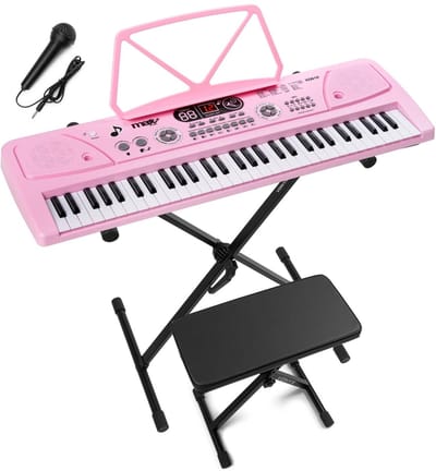 Keyboard piano kinderen - MAX KD61P - Keyboard met 61 toetsen, standaard, bankje en oplaadbare accu - Roze