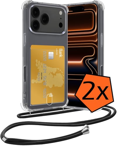 Hoesje Geschikt voor iPhone 17 Pro / 18 Pro Hoesje Met Telefoonketting Pasjeshouder Shockproof Case Koord - Hoesje Geschikt voor iPhone 17 Pro / 18 Pro Hoes Met Kaarthouder - Transparant - 2 PACK